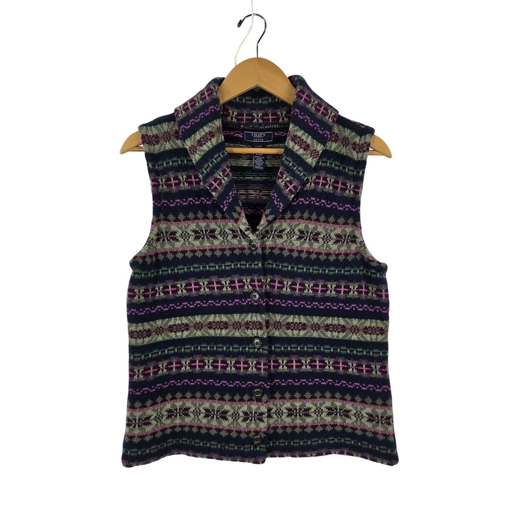 Chaps Denim Petite Fair Isle Sweater Vest Shawl Collar Button Front Navy Purple